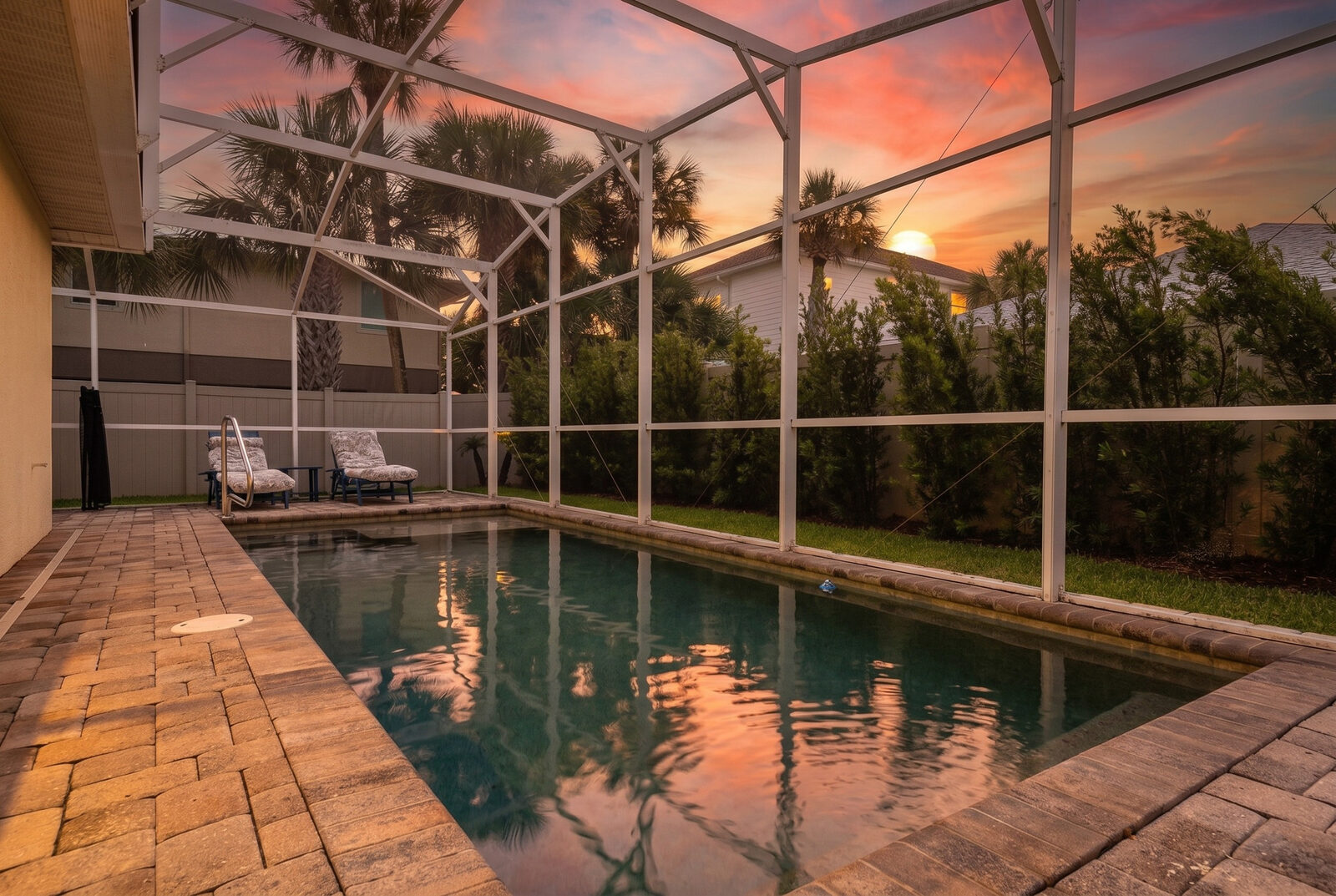 The Lighthouse — private salt-water heated pool at sunset, New Smyrna Beach